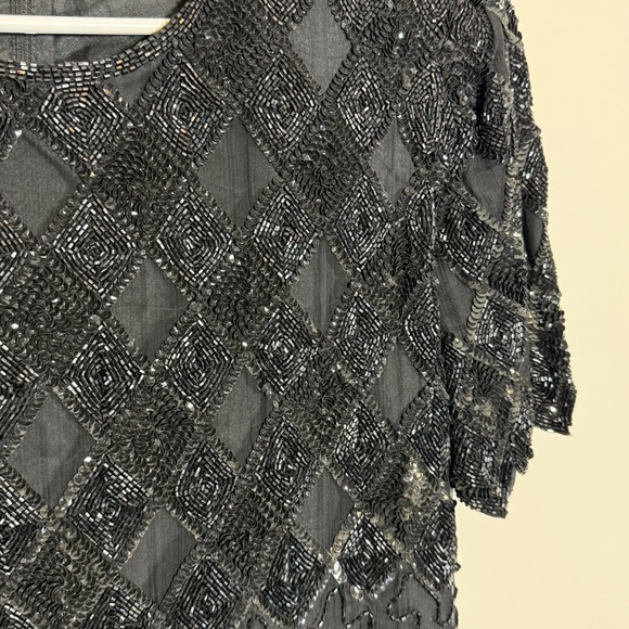 Vtg Laurence Kazar NY Black Silk Beaded Sequin Diamond Cocktail Dress Women's PM - Picture 4 of 7